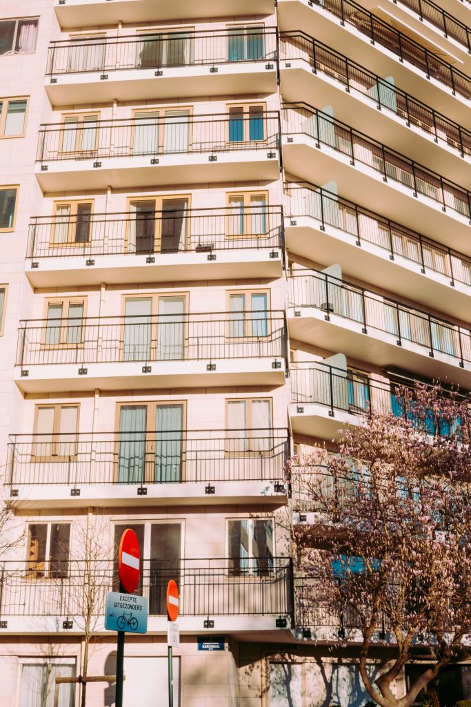 Brussels apartment balconies in warm light