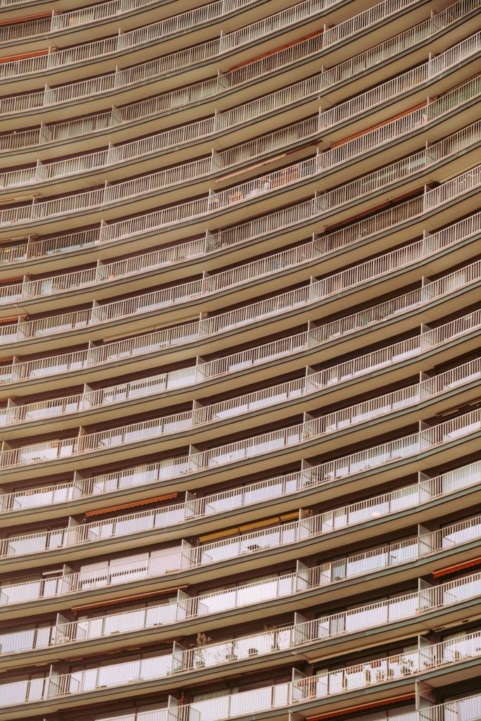 Close-up of the Brusilia building in Brussels showing repeating balcony lines and geometric patterns